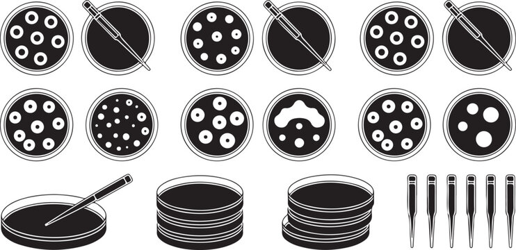 Laboratory equipment collection showing petri dishes bacterial colonies and pipettes for medical research isolated on blank background.
