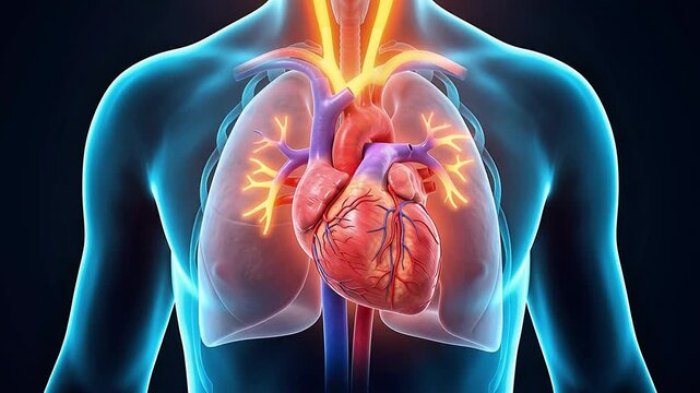 3D Medical Animation of Human Heart Anatomy with Cardiovascular System, Blood Vessels and Transparent Body X-Ray Effect on Dark Background