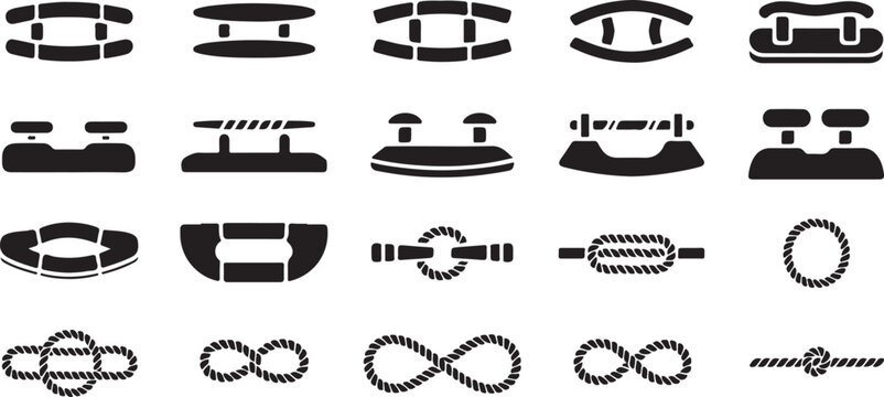 Assorted collection of nautical knots and mooring cleats for maritime equipment used on boats and ships isolated on checkerboard.