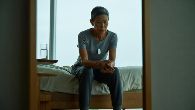 Grieving senior military widow wearing a memorial dog tag while experiencing a heavy moment of solitary morning mourning.