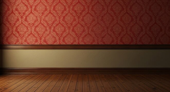 Empty room with red damask wallpaper and wood floor.