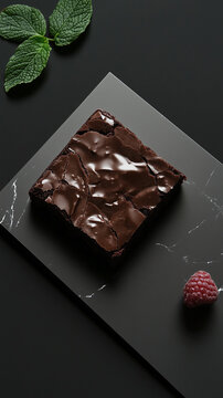 Chocolate brownie square featuring geometric plating and an artisan cracked crust alongside fresh raspberry and mint