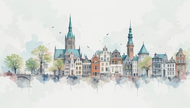 European city skyline showcases a mix of traditional gabled houses and church spires rising above a quiet canal.