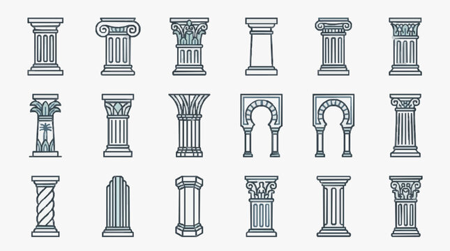 Industrial Minimalist Line Art Collection of Various Architectural Columns and Arches in Monochromatic Blue Gray