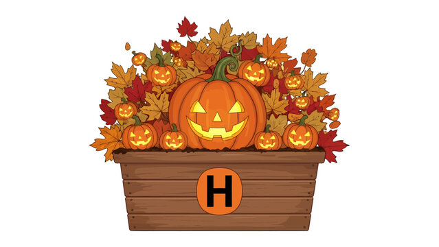 Halloween Harvest Basket: A charming wooden basket overflowing with autumn leaves and a variety of pumpkins, including a large jack-o'-lantern centerpiece.