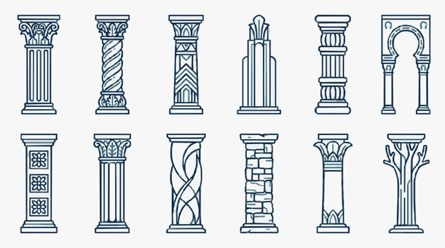 Minimalist Black and White Line Drawing Set of Various Architectural Column Styles and Designs with high quality professional line art symbols for modern creative design and digital branding projects