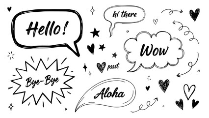 Speech Bubbles with Handwritten Greetings and Doodles in a Doodle Art Style Featuring Hello, Hi, There with Wow and Aloha © MDMIZANUR