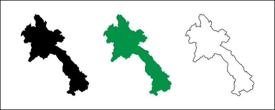 Laos map vector silhouette with black solid, outline and satellite style isolated on transparent background