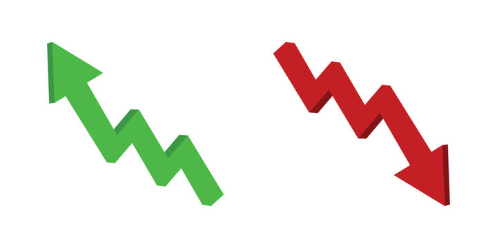 Isometric 3d green and red zigzag arrows showing financial market fluctuations isolated on transparent grid background.
