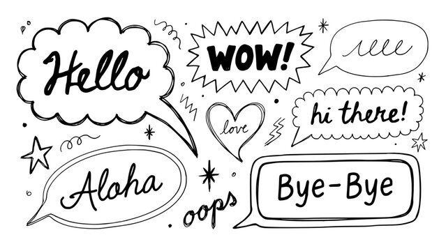 Speech Bubbles Doodle Set with Hand-Drawn Style Text Hello Aloha Wow and Bye-Bye Icons on White Background