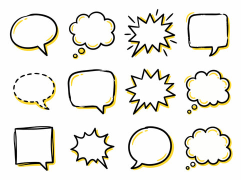 Comic speech bubbles, empty chat boxes, vector illustrations, yellow and black outline, 12 pcs