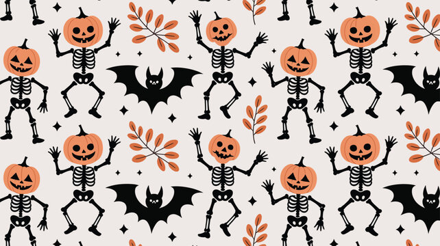 Playful pumpkin headed skeletons and spooky bats create a cheerful Halloween seamless pattern for seasonal fun
