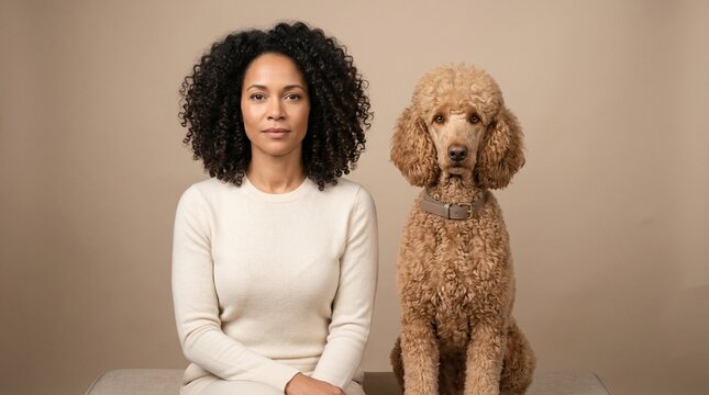 Curly Haired Woman Paired With Poodle In Editorial Studio Portrait