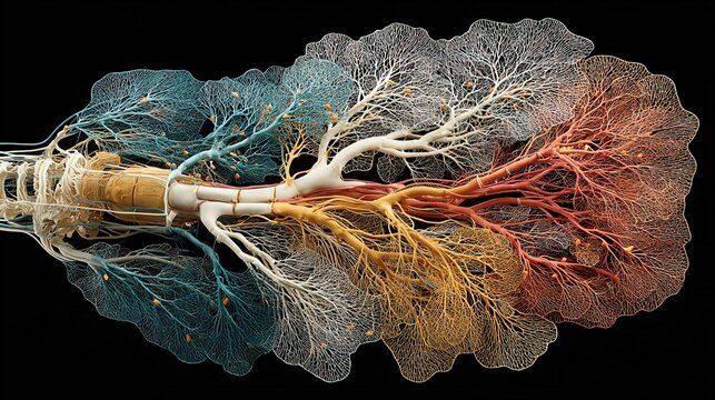 Detailed Artistic Illustration of Human Nervous System with Colorful Brain and Nerves.