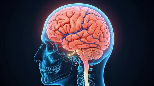 3D Medical Animation of Human Brain Anatomy with Nervous System, Blood Vessels and Skull X-Ray Effect on Dark Background