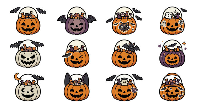 Halloween pumpkins decorated with bats and cats in baskets yu 182