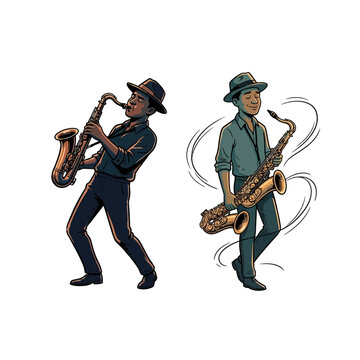 Jazz Musicians Playing Saxophones In Energetic Performance Poses Wearing Fedora Hats With Animated Body Language Vector Illustration