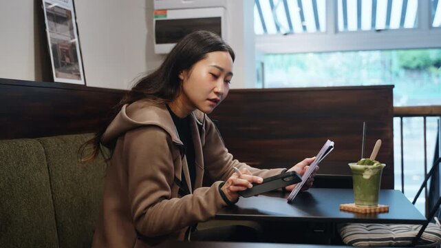 A young Asian woman works remotely in a cafe, using a smartphone and digital tablet, showcasing a Gen Z modern freelance and digital nomad lifestyle