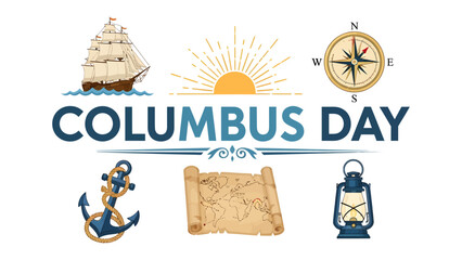 Obraz premium Columbus Day Voyage Icons: A vibrant graphic collection symbolizing the spirit of exploration and discovery, featuring a sailing ship, compass, anchor, world map, and lantern.