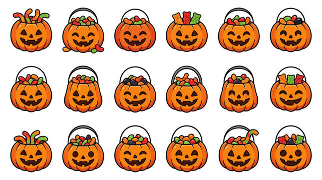 A festive Halloween scene with jack-o-lanterns filled with candy on a white background, yu 192