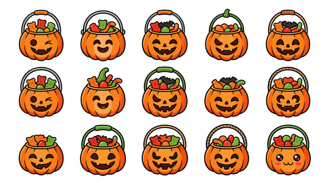 Colorful Halloween pumpkin buckets filled with candy on white background yu 194