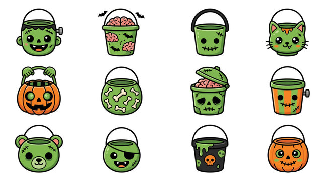 Halloween trick-or-treat buckets with zombie, cat, bear, pumpkin and skull designs on white background yu 91