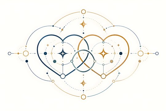 Celestial sacred geometry hearts, mystical interlocking heart symbols with stars and moon phases, elegant gold and navy blue spiritual line art
