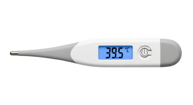 Digital medical thermometer showing high fever temperature isolated on transparent background