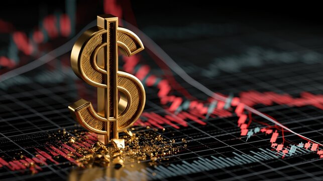 Dollar sign stands on a digital financial chart to illustrate the rapid decline of global market value and wealth.