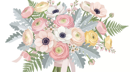 Obraz premium Elegant Floral Bouquet: Pink, White, Yellow Flowers and Green Ferns