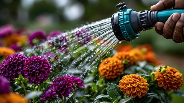 Bl&uuml;hende Sommerblumen werden mit einem Gartenschlauch an hei&szlig;en Tagen bew&auml;ssert