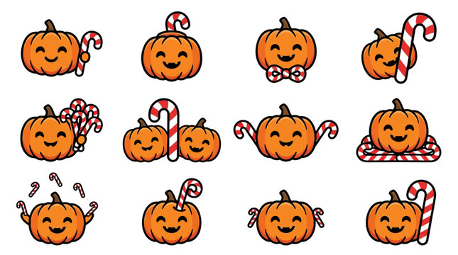 Smiling pumpkins and candy canes on white background yu 127