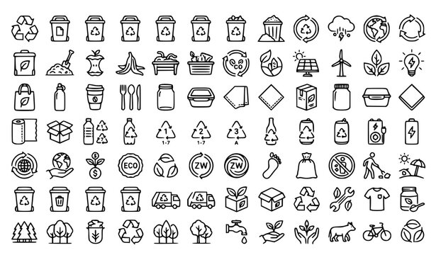 Zero Waste and Recycling Line Icons Set Editable Stroke Sustainability Vector Collection
