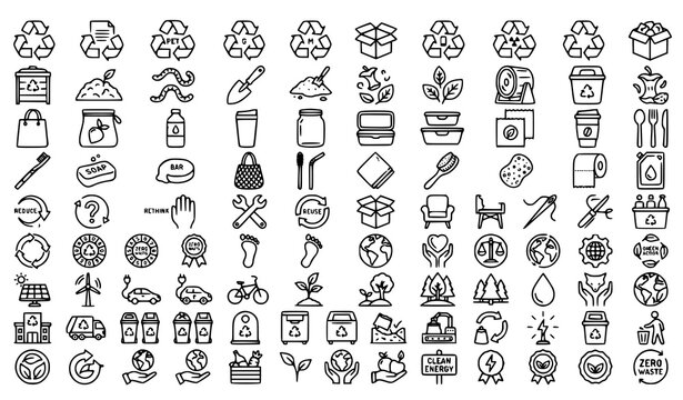 Eco Lifestyle Zero Waste and Environmental Recycling Editable Stroke Outline Icons Set