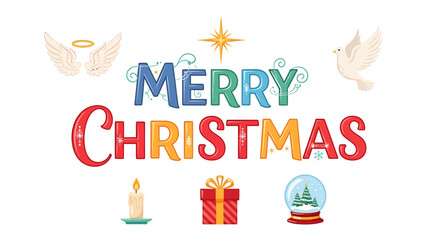 Naklejka premium Merry Christmas Greeting: A festive graphic displaying Merry Christmas in colorful, decorative lettering, adorned with symbolic elements like angel wings, a dove, a glowing star, a candle, a gift.