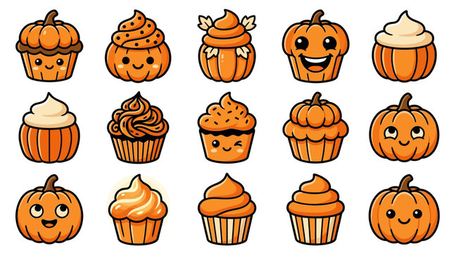 Cartoon pumpkins and cupcakes with faces are arranged on a white background in yu 129.