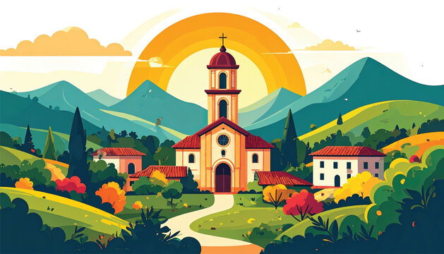 Small church with red roof tower.