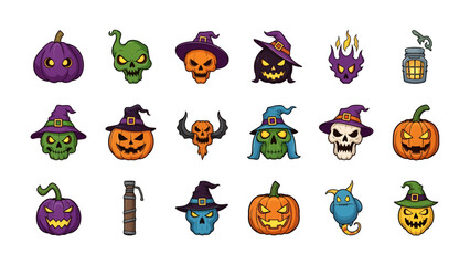 Obraz premium Spooky Halloween Icons: A collection of festive and spooky Halloween-themed icons featuring pumpkins, skulls, ghosts, witches, and monsters in a vibrant and playful style.