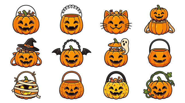 Halloween pumpkins and baskets with spooky faces and decorations on white background yu 142