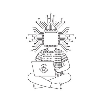 Child programmer using laptop with microchip brain circuit and binary code line art illustration
