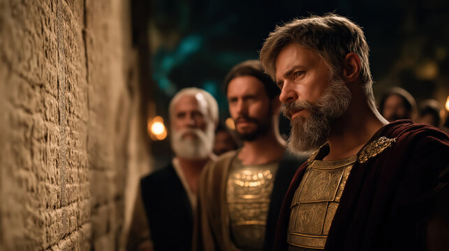 Daniel interpreting mysterious handwriting on the palace wall before shocked Babylonian nobles and king