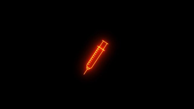  Neon  syringe icon video animation. Glowing neon injection sign animation, vaccination. Syringe with vaccine, medicine drug injection, medical injector animation. Syringe with blood drop neon sign.