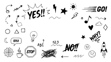 Fototapeta premium Symbols Icons Doodles Frame on White Background, Playful Hand-Drawn Style for Creative Design Concept