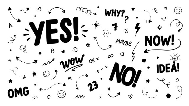 Doodles Speech Bubbles and Symbols in Black and White with Exclamation Accents for Motivational Concept Design
