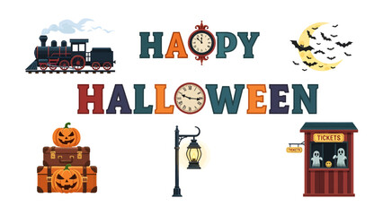 Naklejka premium Spooky Halloween Celebration Elements: A whimsical collection of Halloween-themed illustrations including a steam train, pumpkins, bats, a ghostly ticket booth.