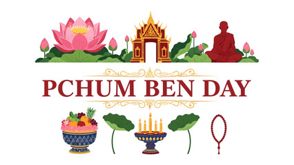 Fototapeta premium Pchum Ben Day Celebration: A vibrant illustration capturing the essence of Pchum Ben Day, featuring traditional Cambodian elements like lotus flowers, a temple, a meditating monk, and offerings.
