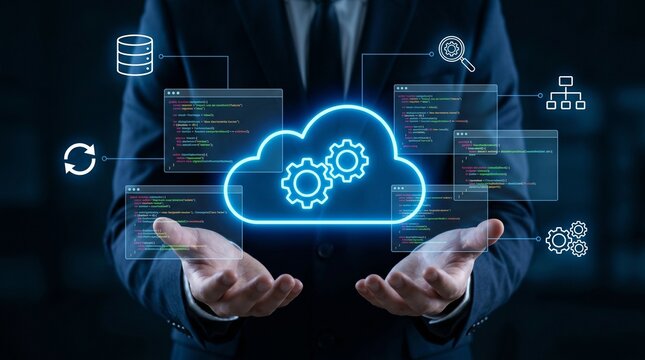 Cloud native development. Programmer developing applications for cloud computing. Cloud icon and source code illustrations.