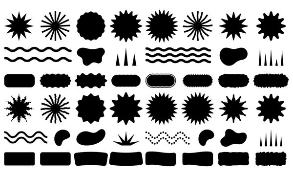 Black Abstract Graphic Shapes Collection Vector Set Isolated on White Background with Sunburst, Blob and Decorative Elements