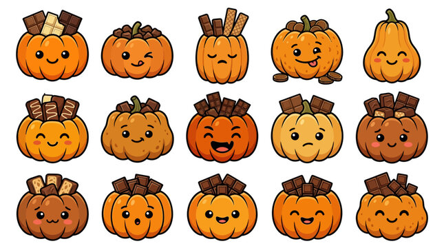 Illustration of various smiling pumpkins with chocolate toppings on a white background yu 169