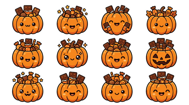 Illustration of happy and spooky pumpkins with chocolate on a white background yu 170